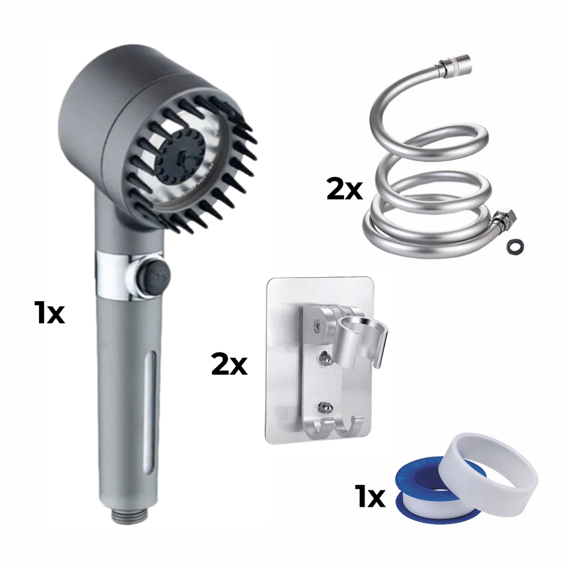 SHOWER HEAD + 2x Hose +2x Wall Mount + Teflon Tape