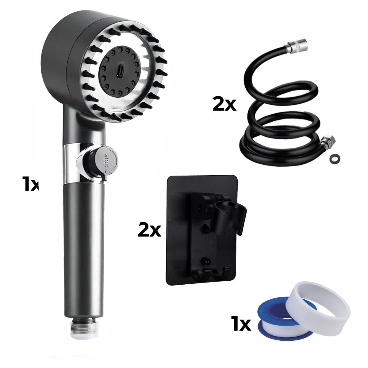 SHOWER HEAD + 2x Hose +2x Wall Mount + Teflon Tape